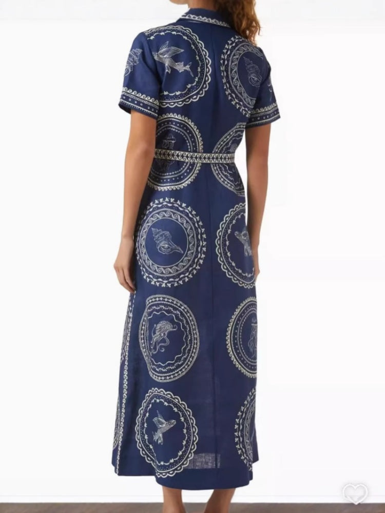 Jellyfish Print Linen Waist Dress