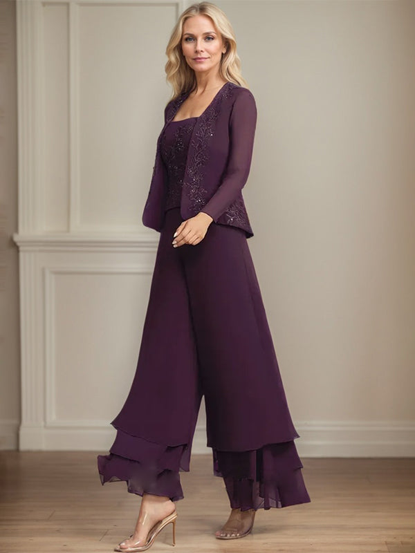 Separates Jumpsuit/Pantsuit Square Ankle-Length Lace Chiffon Mother of the Bride Dress With Sequins - View 2 | FashionDia