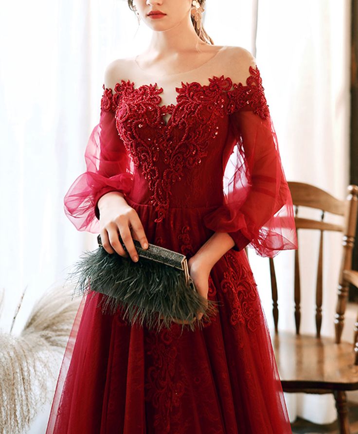 Round Neck Tulle Beads Long Prom & Evening Dress - FashionDia