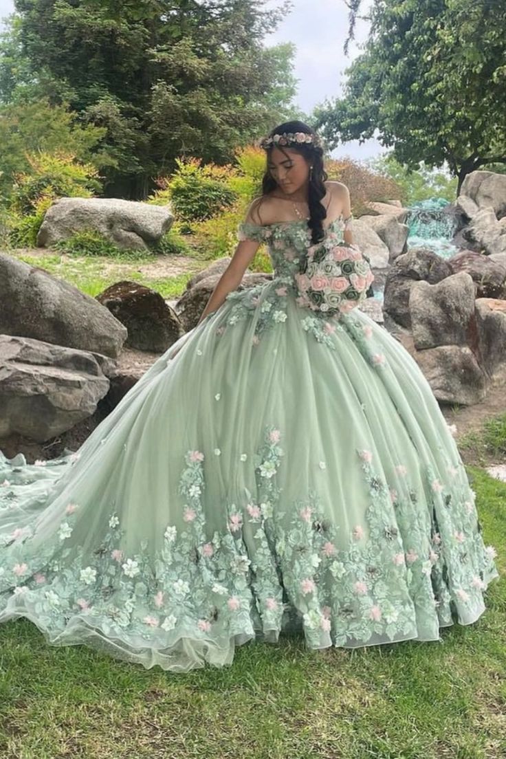 Sage Green Quinceanera Dress Off-Shoulder Applique Lace Beaded Tulle Ball Gown for Sweet 16 & 15 - View 2 | FashionDia