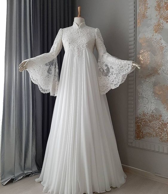 Elegant ivory flare sleeve lace wedding dress - FashionDia