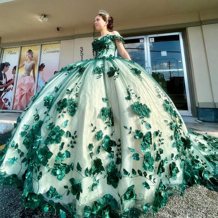 Green Quinceanera Dresses Off Shouder Beads Appliques Ball Gown Sweet 16 Dress - FashionDia