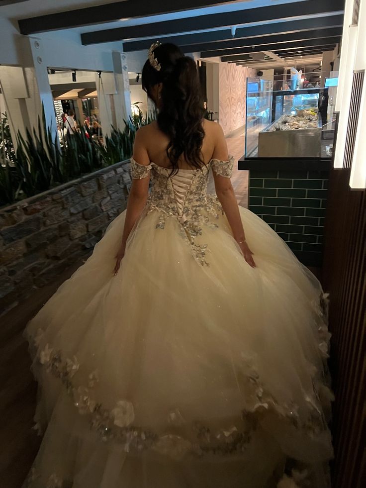 Champagne Quince Dress with Flowers Sweet 16 Dresses Off-the-Shoulder Ball Gown - View 2 | FashionDia
