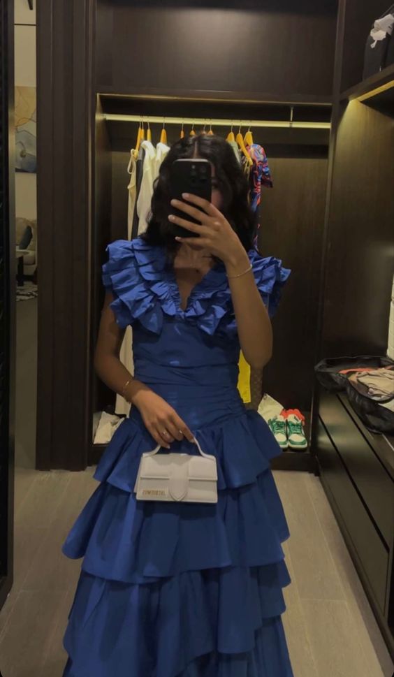 Elegant Blue Evening Dress, Tiered Prom Outfit - FashionDia