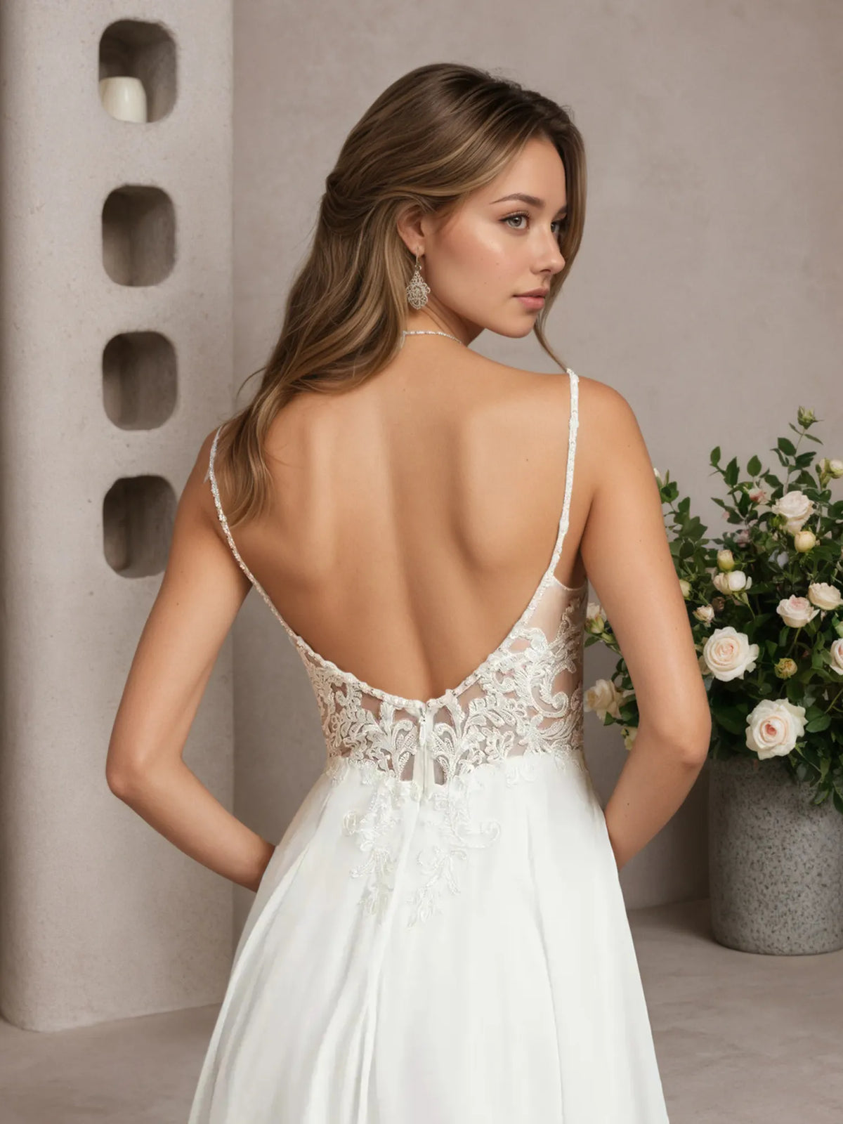 White A-Line Off-the-Shoulder Sleeveless Sequins Chiffon Wedding Dress - View 7 | FashionDia