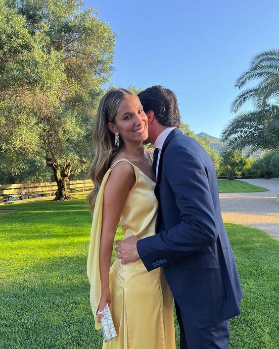 Yellow Satin Evening Dress for Formal Occasions, V-Neck A-Line Spaghetti Strap Floor-Length Elegant Prom Dress - View 2 | FashionDia