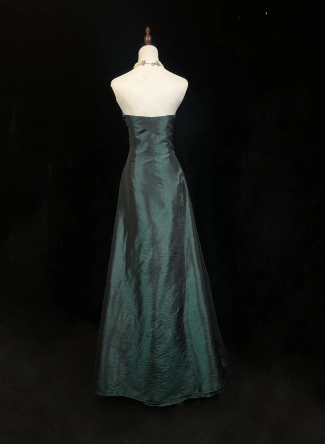 Unique Sweetheart Neck Green Satin Beaded Appliques A-Line Wedding Guest Dress Long Birthday Party Dress Evening Gown - View 4 | FashionDia