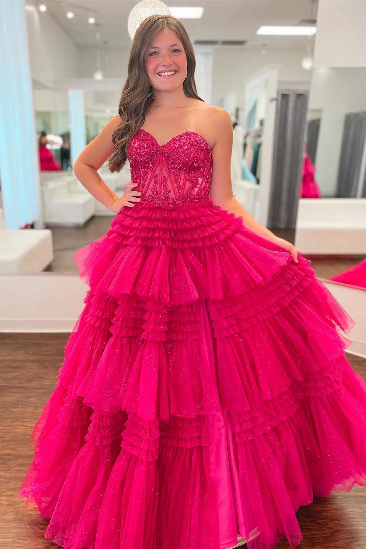 Fuchsia A-Line Sweetheart Tiered Tulle Prom Dress - View 2 | VelvetHem