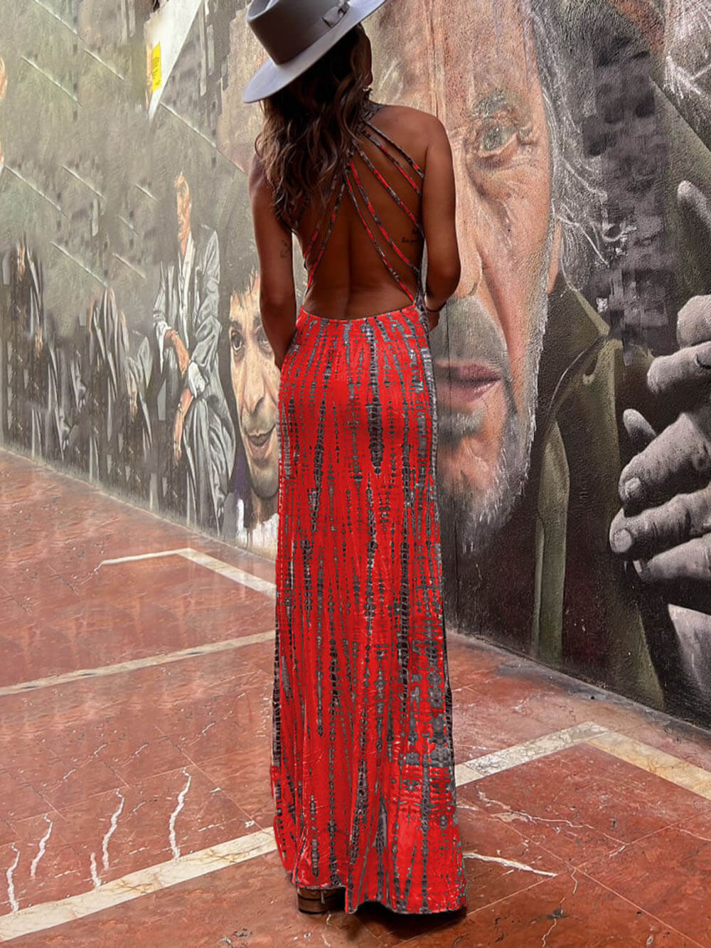 Tie - dye Print Back Lace - up Stretch Maxi Dress