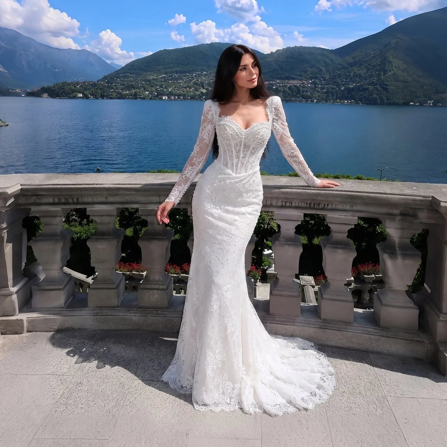 White Boho Romantic Lace Mermaid Wedding Dress Beaded Sequins With Lace Train ZP038