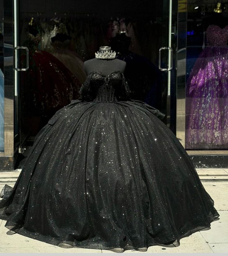 Ball Gown Shiny Black Quinceanera Dress Beaded Crystal Bow Sweet 15 Gowns - FashionDia