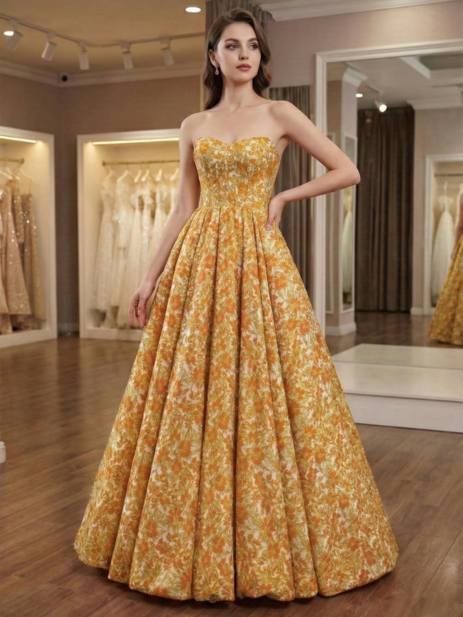 Radiant Rose Pink Floral Brocade Strapless A-Line Prom Dress