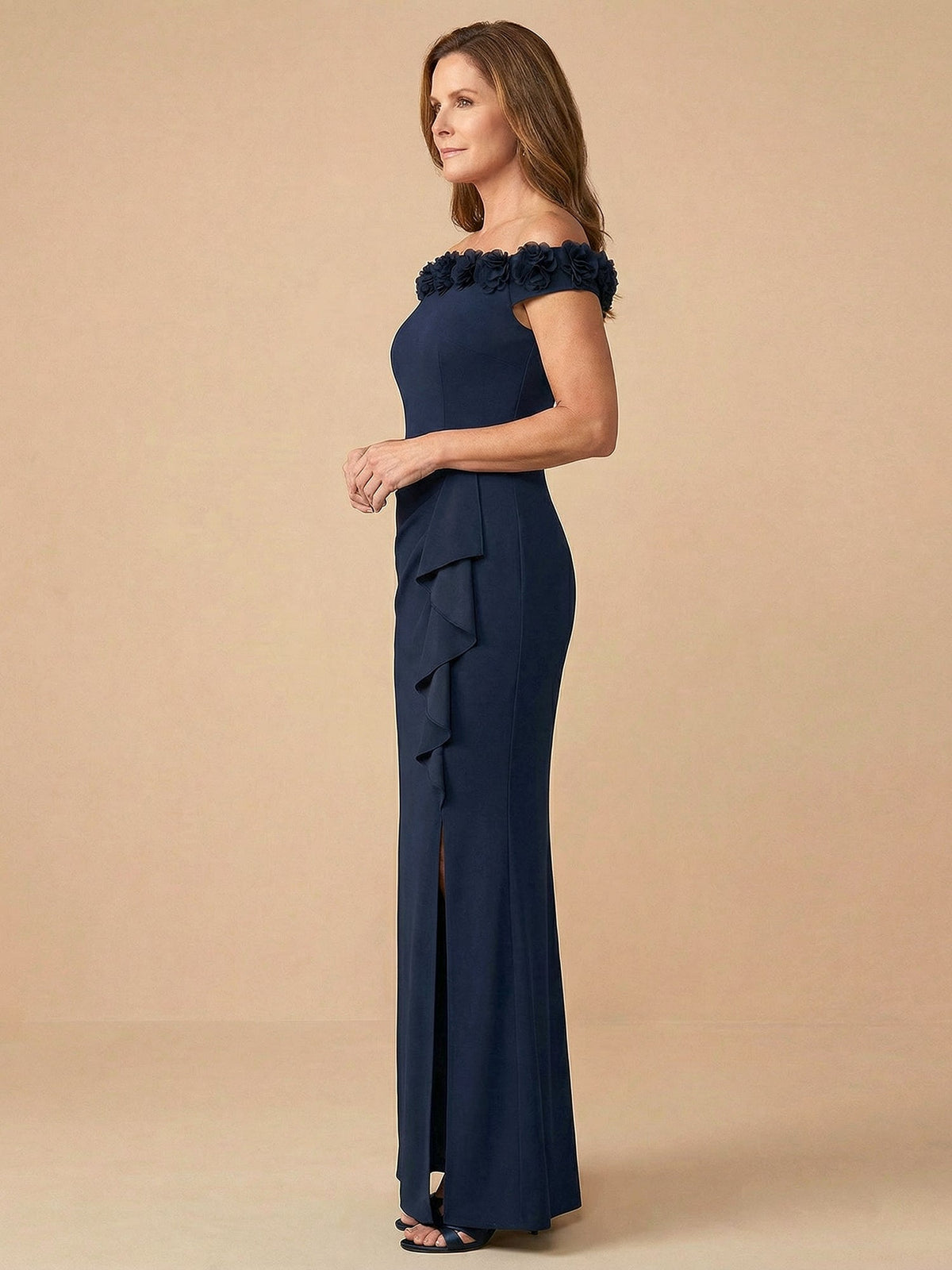 Off-the-Shoulder 3D Flower Mermaid Satin Mother of the Bride Dress with Ruffle - View 2 | FashionDia