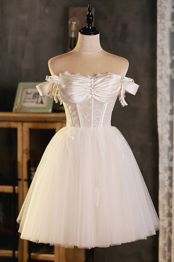 A-Line Tulle Short Prom Dress, Cute Off-the-Shoulder Party Dresses - FashionDia