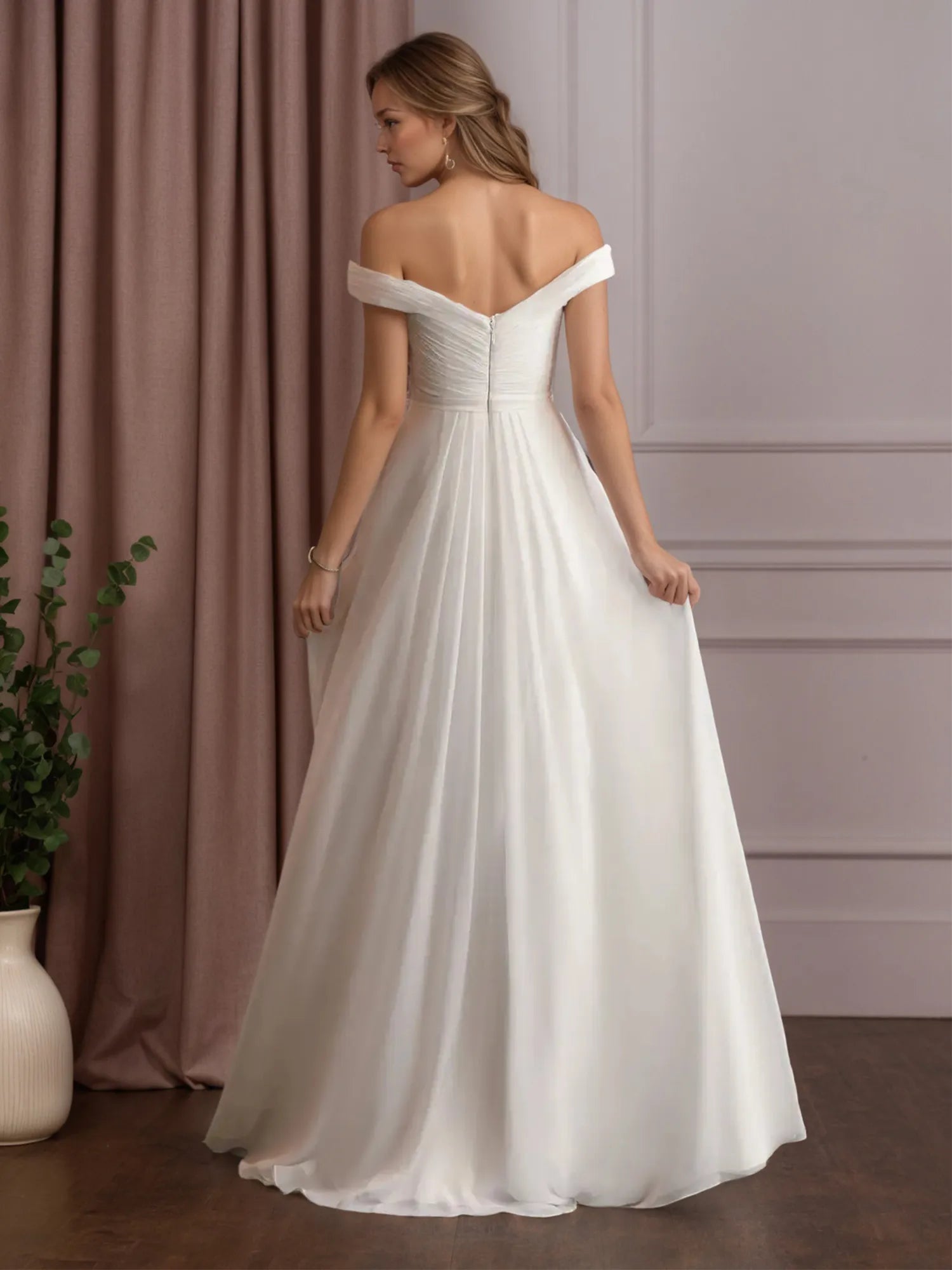 White A-Line Off-the-Shoulder Sequins Chiffon Wedding Dress - View 2 | FashionDia