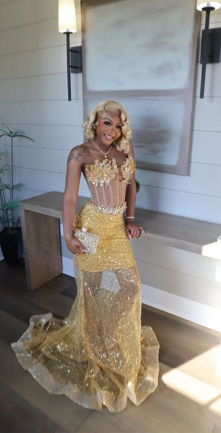 Gold Mermaid Prom Dress Evening Formal Party Birthday Engagement Gowns - FashionDia
