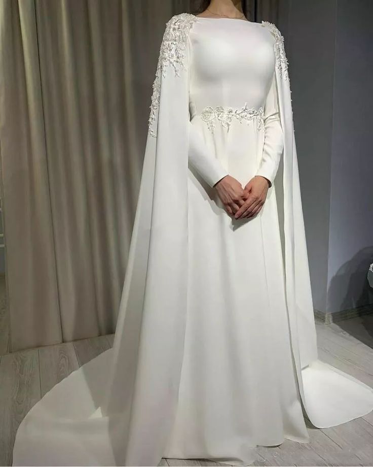 Muslim Wedding Dress with Cape Long Sleeves Beading Plus Size Satin Bridal Gowns - FashionDia