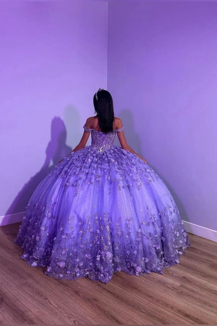 Purple Shiny Puffy Princess Quinceanera Dresses Off-the-Shoulder Beads 3D Floral Gillter Sequins Lace-up Corset 15 anos rosa - View 3 | FashionDia