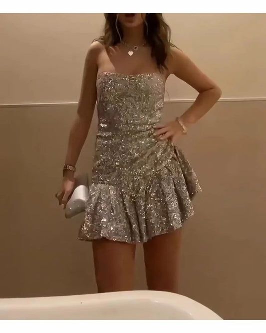 Vintage Sheath Strapless Layered Ruffle Mini Dresses Sequin Homecoming Dress - View 3 | VelvetHem