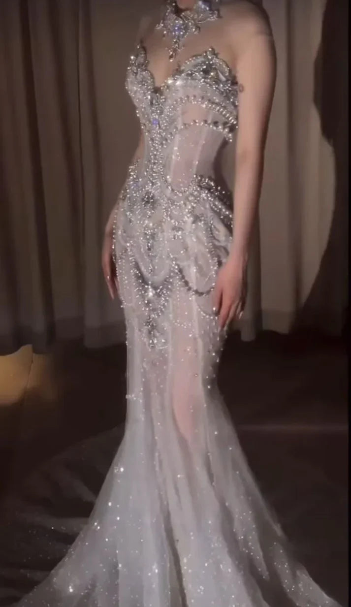Elegant Silver-White Mermaid Sweetheart Neckline Pearl-Beaded Tulle Train Prom & Evening Dress - View 3 | FashionDia