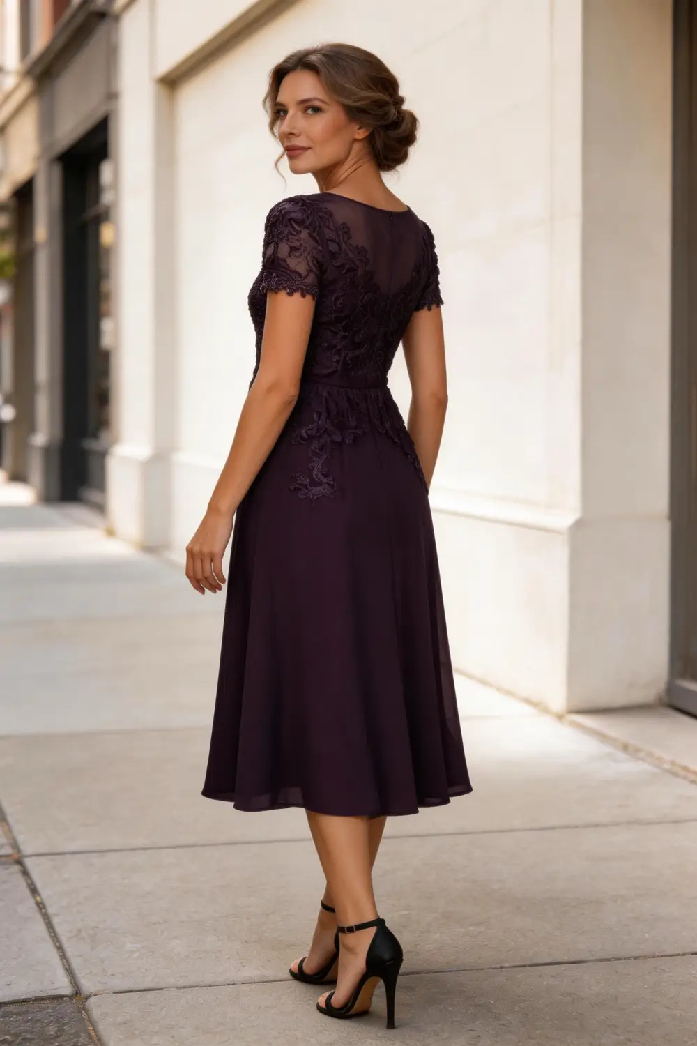 Plum Purple Lace Chiffon Tea Length Dress For Mother Of The Bride (ZD17158)