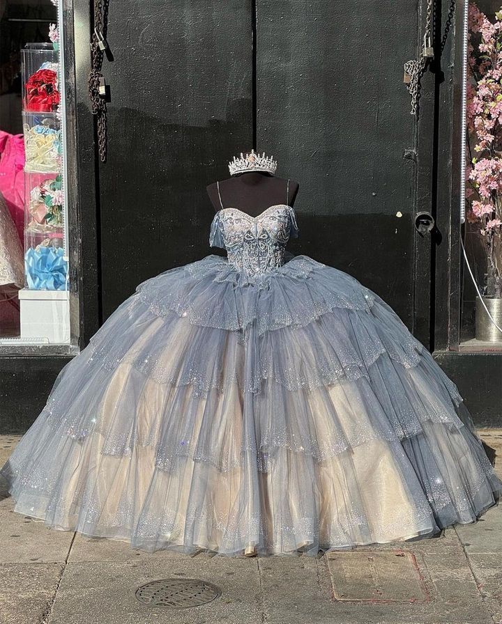 Princess Dresses Ball Gown Off-the-Shoulder Tiered Skirt Glitter Sequins Tulle 15 Masquerade Dress - FashionDia