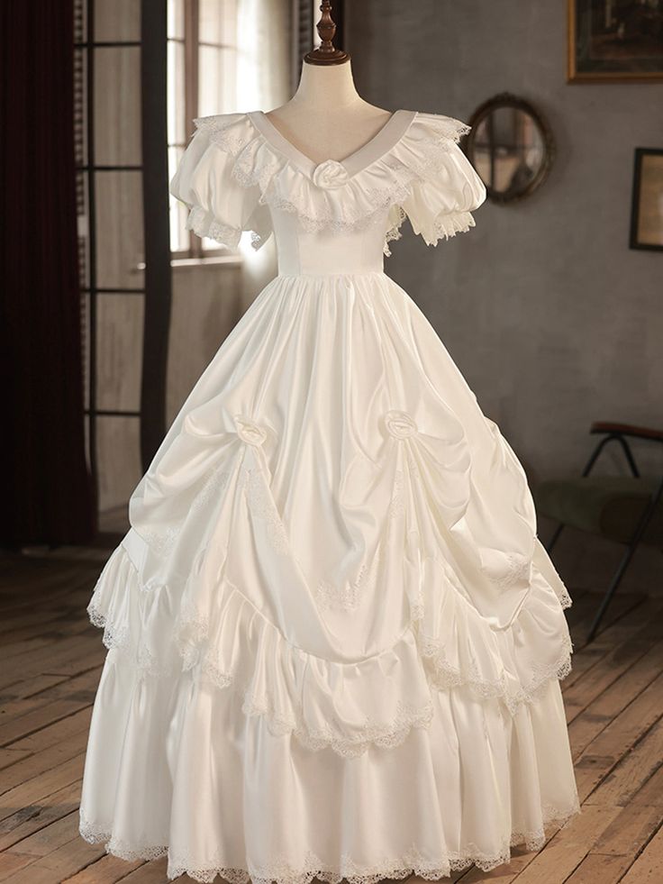 V-Neck Satin Long Prom Dress, Lace Wedding Dress
