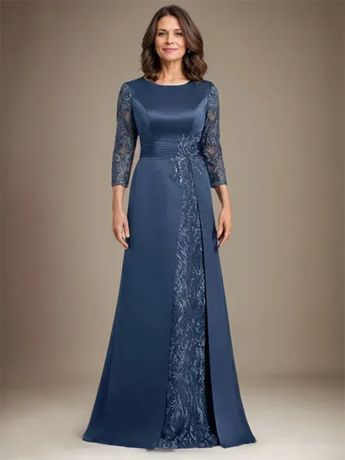 A-Line Scoop Floor-Length Lace Satin Mother Of the Bride Dress With Applique - View 2 | FashionDia