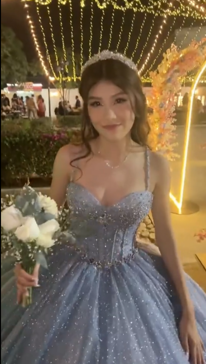 Glitter Spaghetti Straps Blue Tulle Sequin Beaded Ball Gown Formal Birthday Quinceanera Dress - View 3 | FashionDia