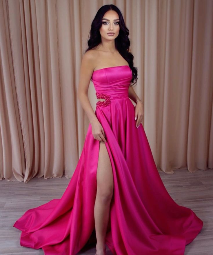Strapless Prom Dress A-Line Slit With Pearls