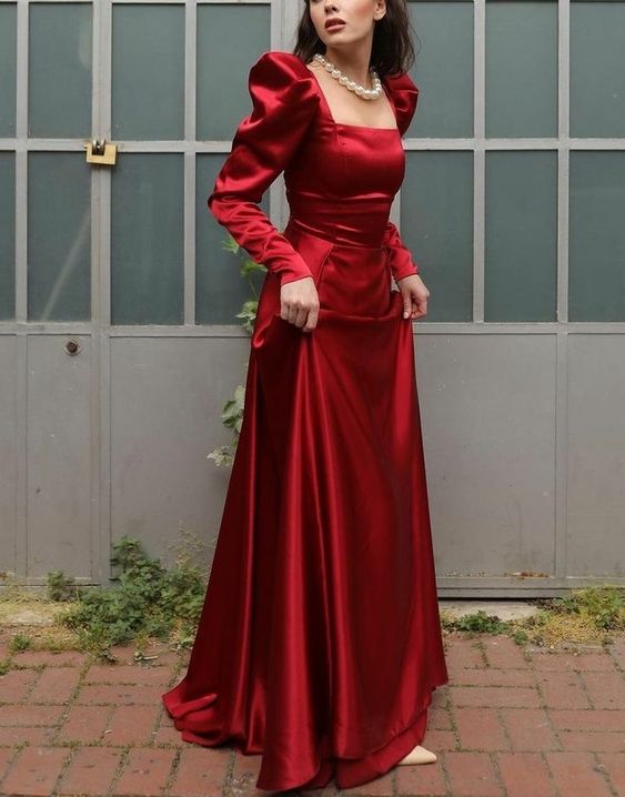 Square Neck Long A-Line Evening Gown Burgundy Long Sleeves Satin Formal Prom Party Dress - FashionDia