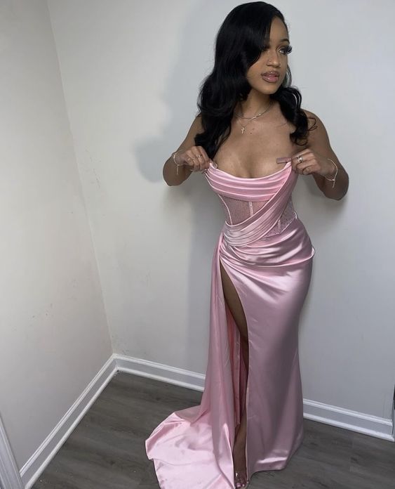 Stapless Prom Dresses Thigh-High Slits Pleats Beading Birthday Outfits Evening Dress - FashionDia