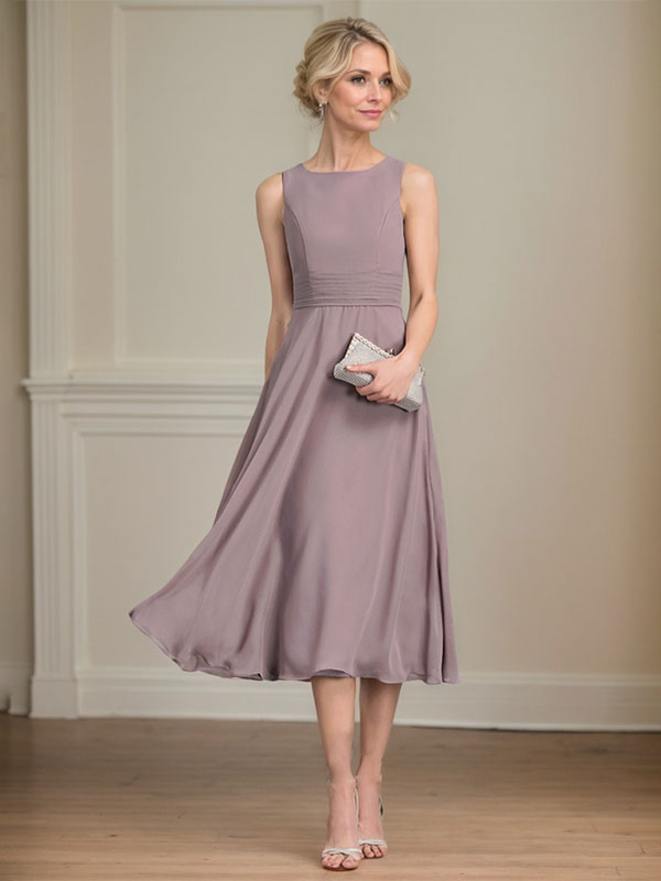 A-line Scoop Tea-Length Chiffon Mother of the Bride Dress With Pleated - View 2 | FashionDia