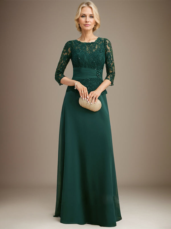 A-line Scoop Illusion Floor-Length Chiffon Lace Mother of the Bride Dress With Pleated Sequins Beading
