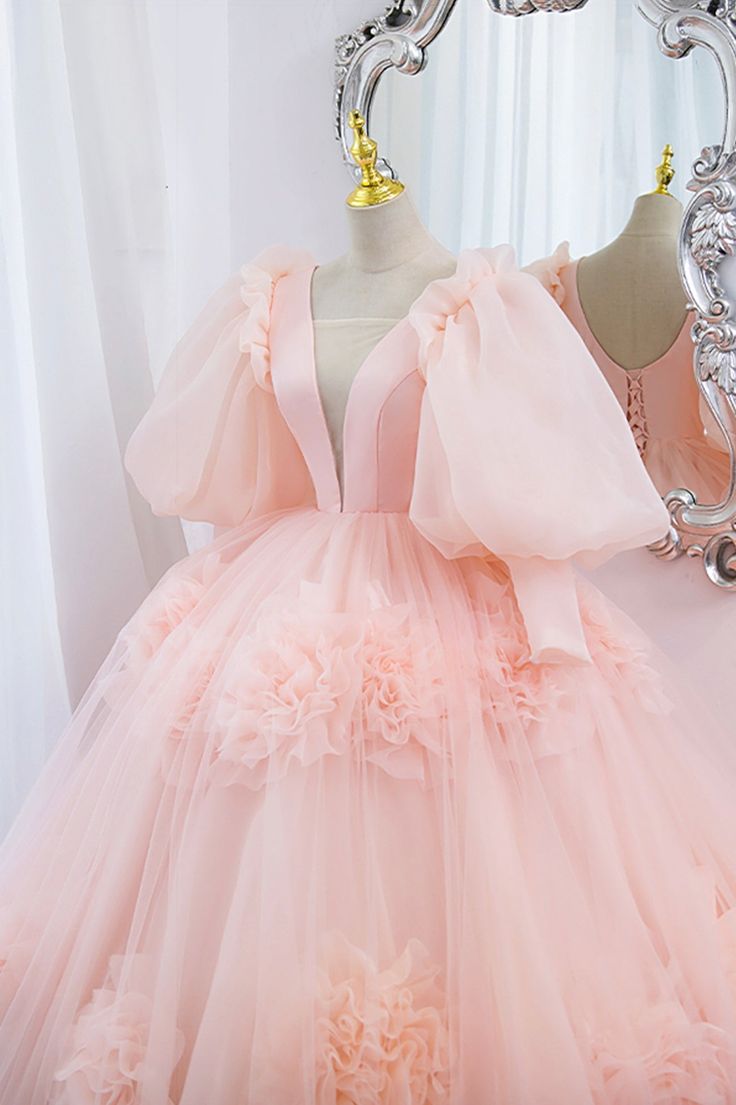 V-Neck Tulle Long Prom Dress, A-Line Puff Sleeve Princess Dress - View 2 | FashionDia