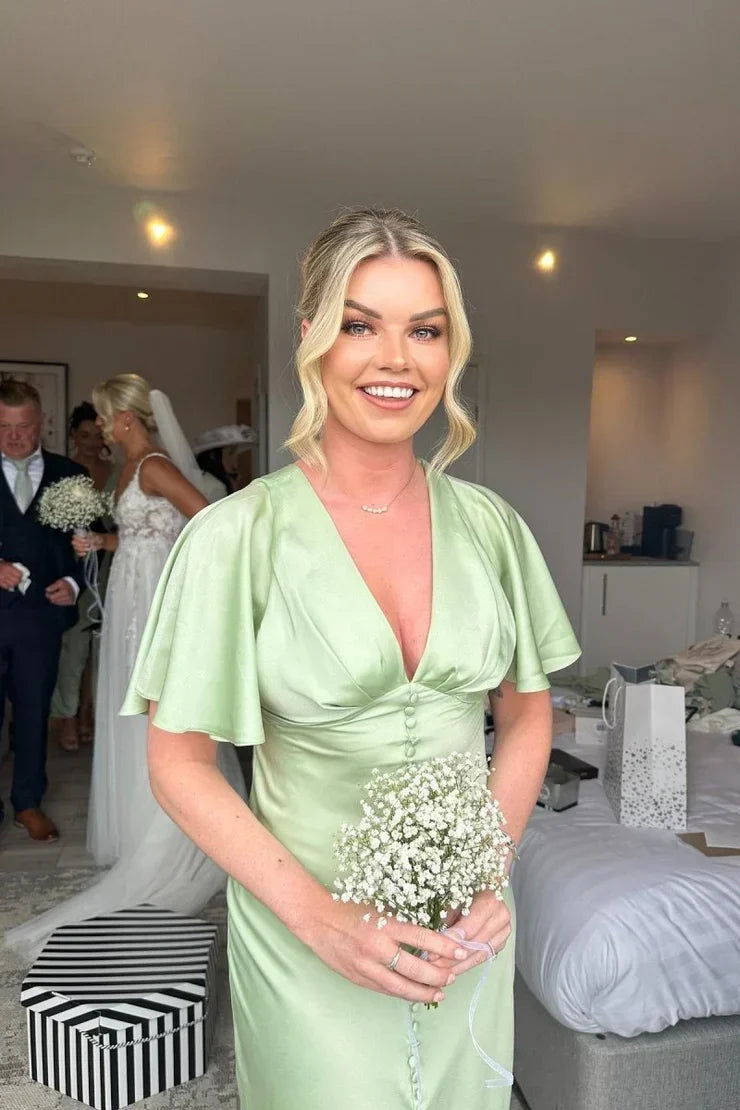 Flare Sleeves Sage Green Bridesmaid Dress with Buttons - View 2 | FashionDia