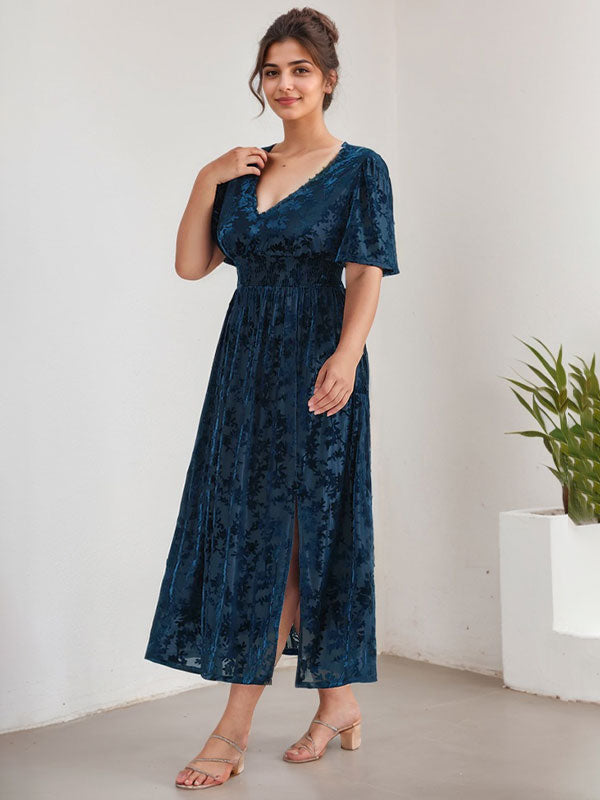 Plus Size A-Line V-Neck Velvet Tea-Length Mother of the Bride Dress - View 2 | FashionDia