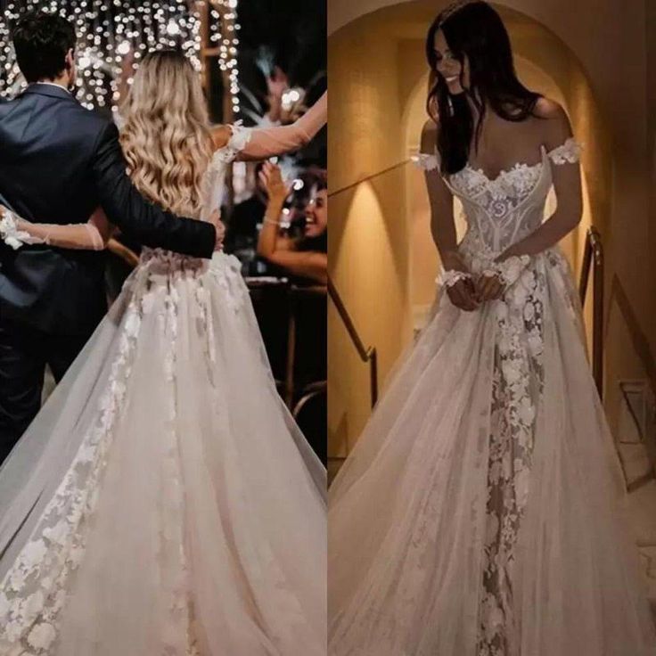 Off-the-Shoulder sweetheart applique lace long sleeves long wedding dress - View 3 | FashionDia