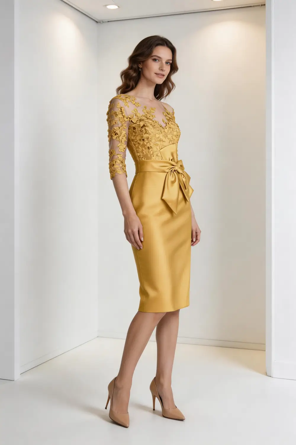 Gold Lace Illusion Neck Satin Sheath Dress With Bow Waist (ZD17151)