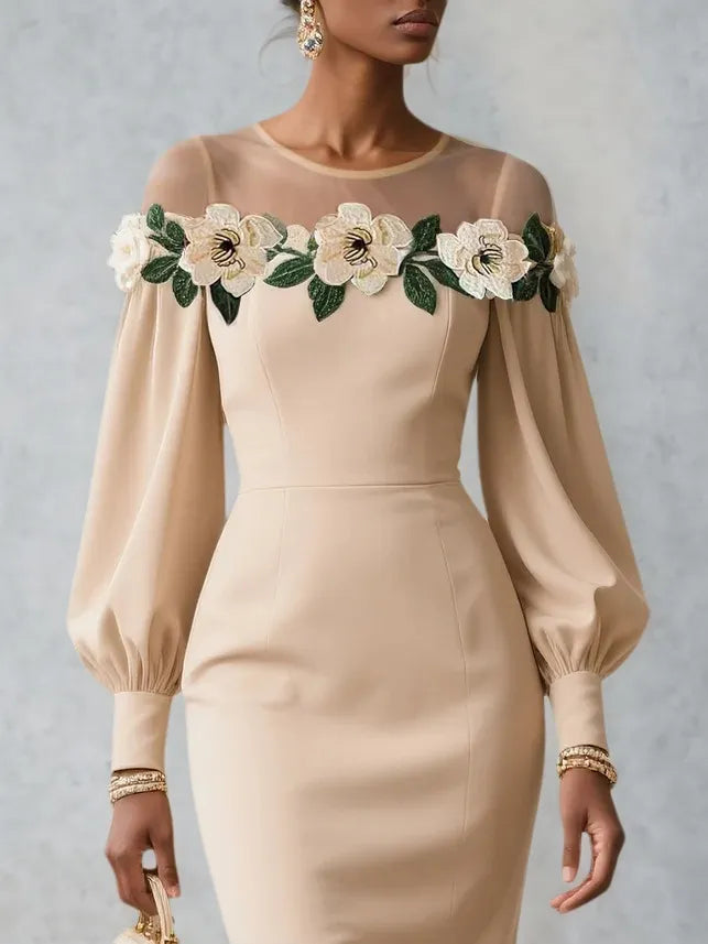 Apricot Applique Floral Classic Crew Neck Long Sleeve Balloon Sleeve Sheath Midi Dress - View 2 | FashionDia