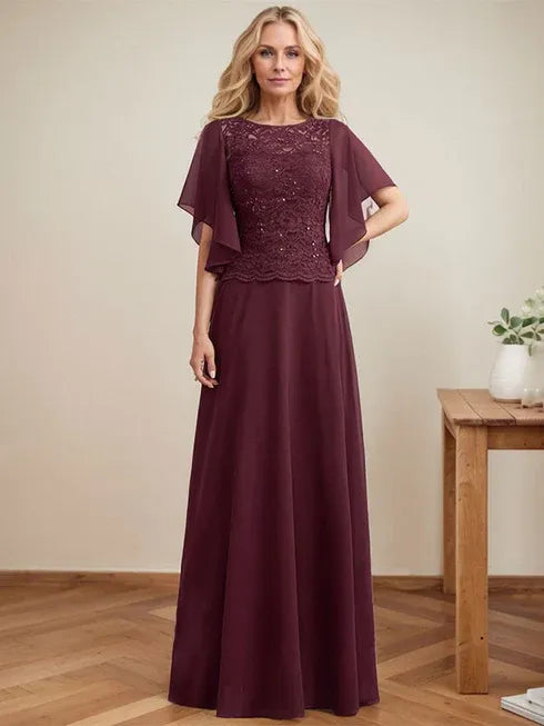 A-line Scoop Illusion Floor-Length Lace Chiffon Mother of the Bride Dress With Sequins - View 2 | FashionDia