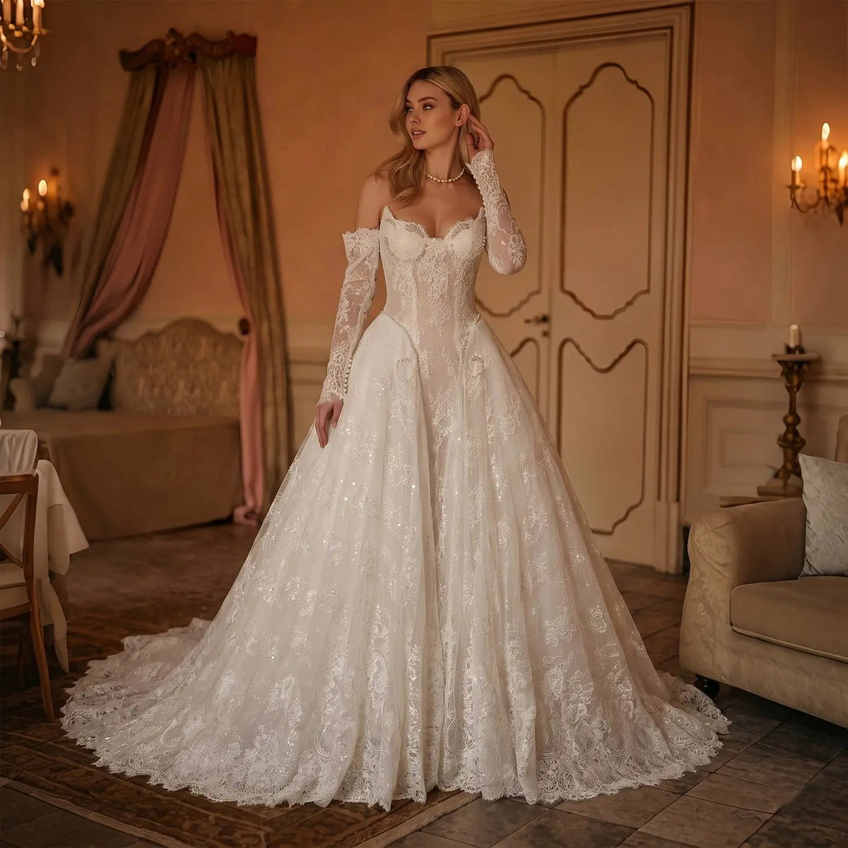 Off White Luxury Ball Gown Wedding Dress Beaded With Veil ZP035