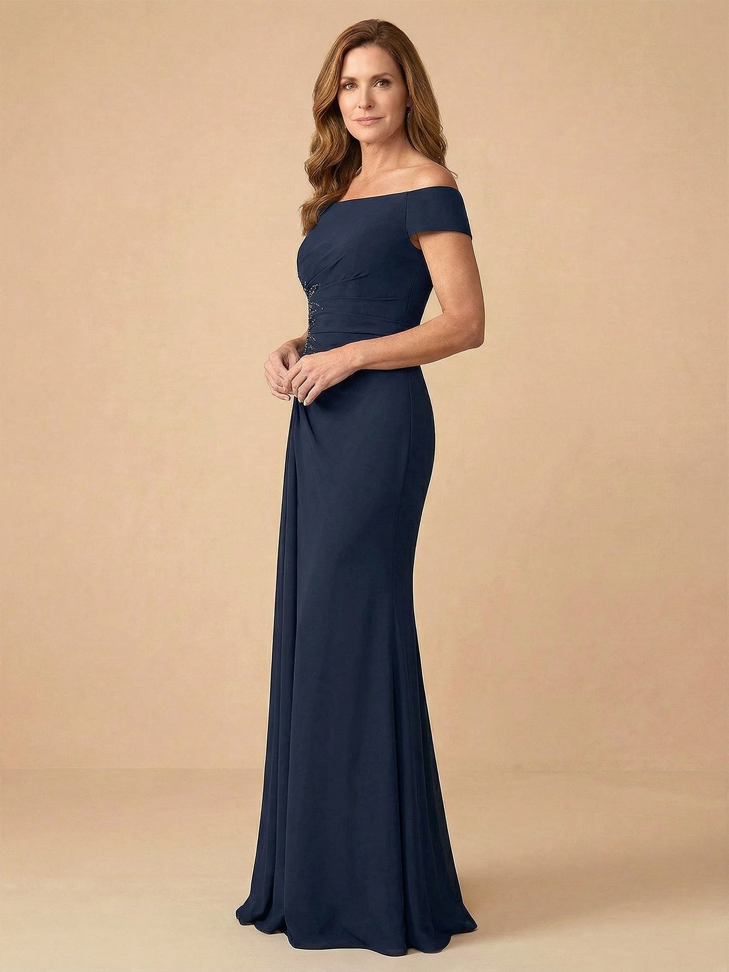 Off the Shoulder Strapless Satin Mother of the Bride Dress with Pleat