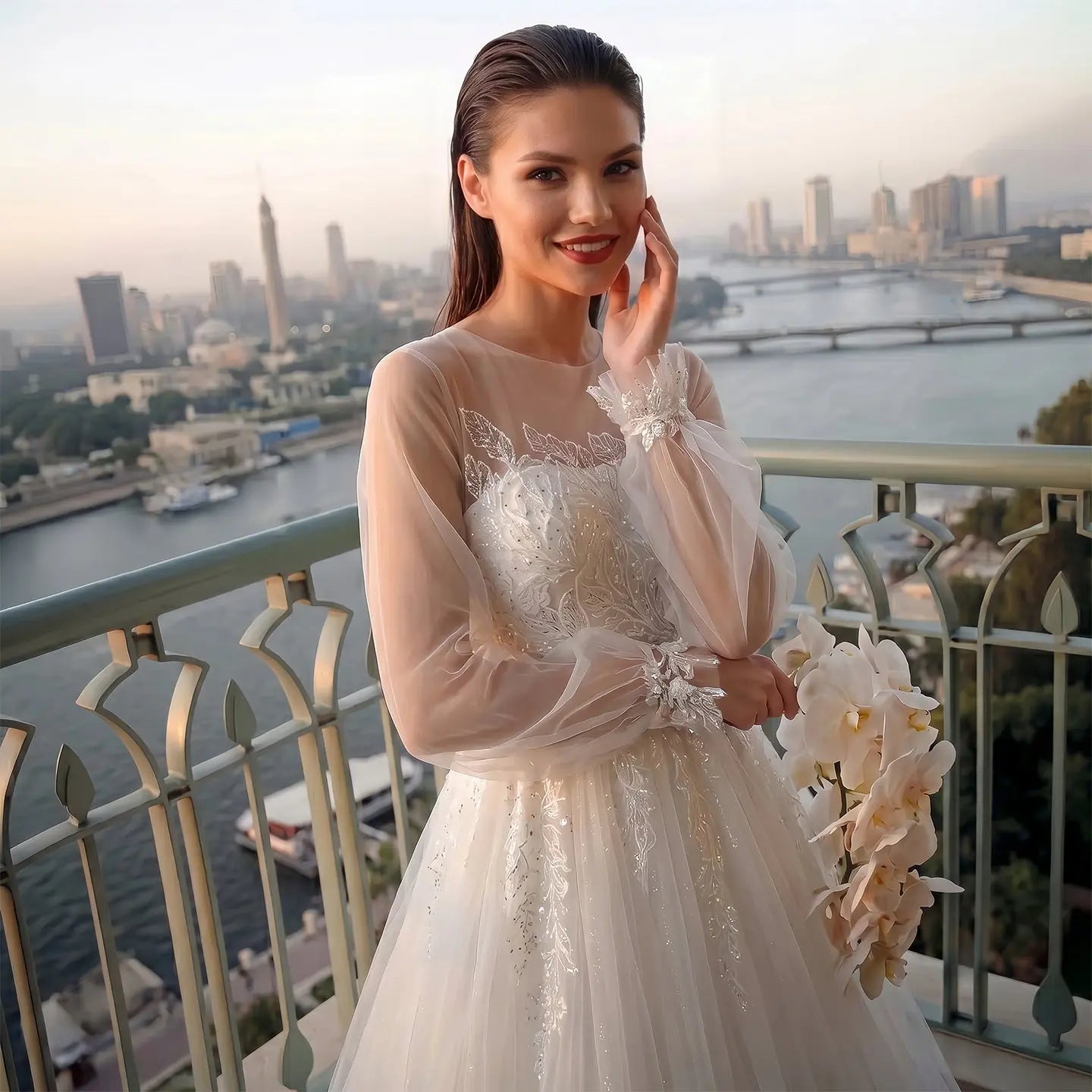 Elegant White Long Sheer Sleeve A-Line Tulle Wedding Dress with Lace Appliqués ZP057