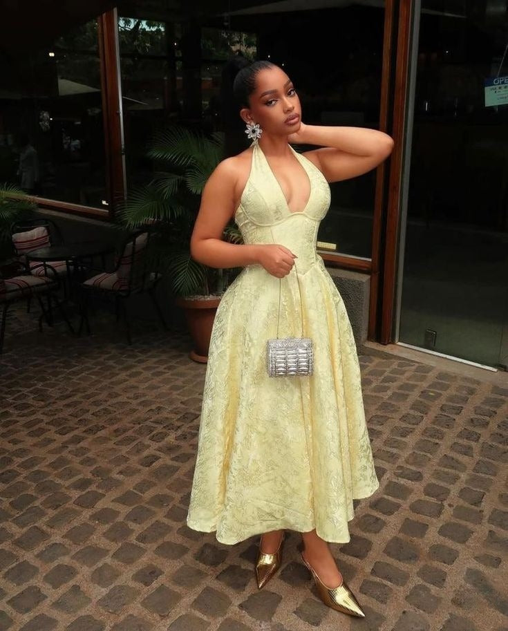 Yellow Halter Formal Dress Party Dress Long Evening Dress Prom Dresses