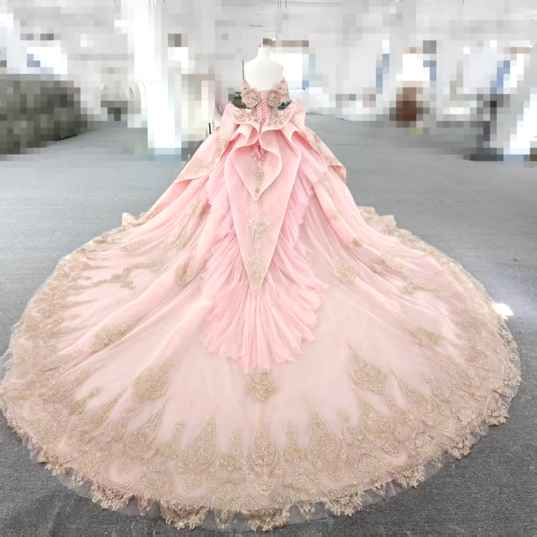 Princess Pink Sweetheart Ball Gown Quinceanera Dress with Appliques Sweep Train - View 5 | FashionDia