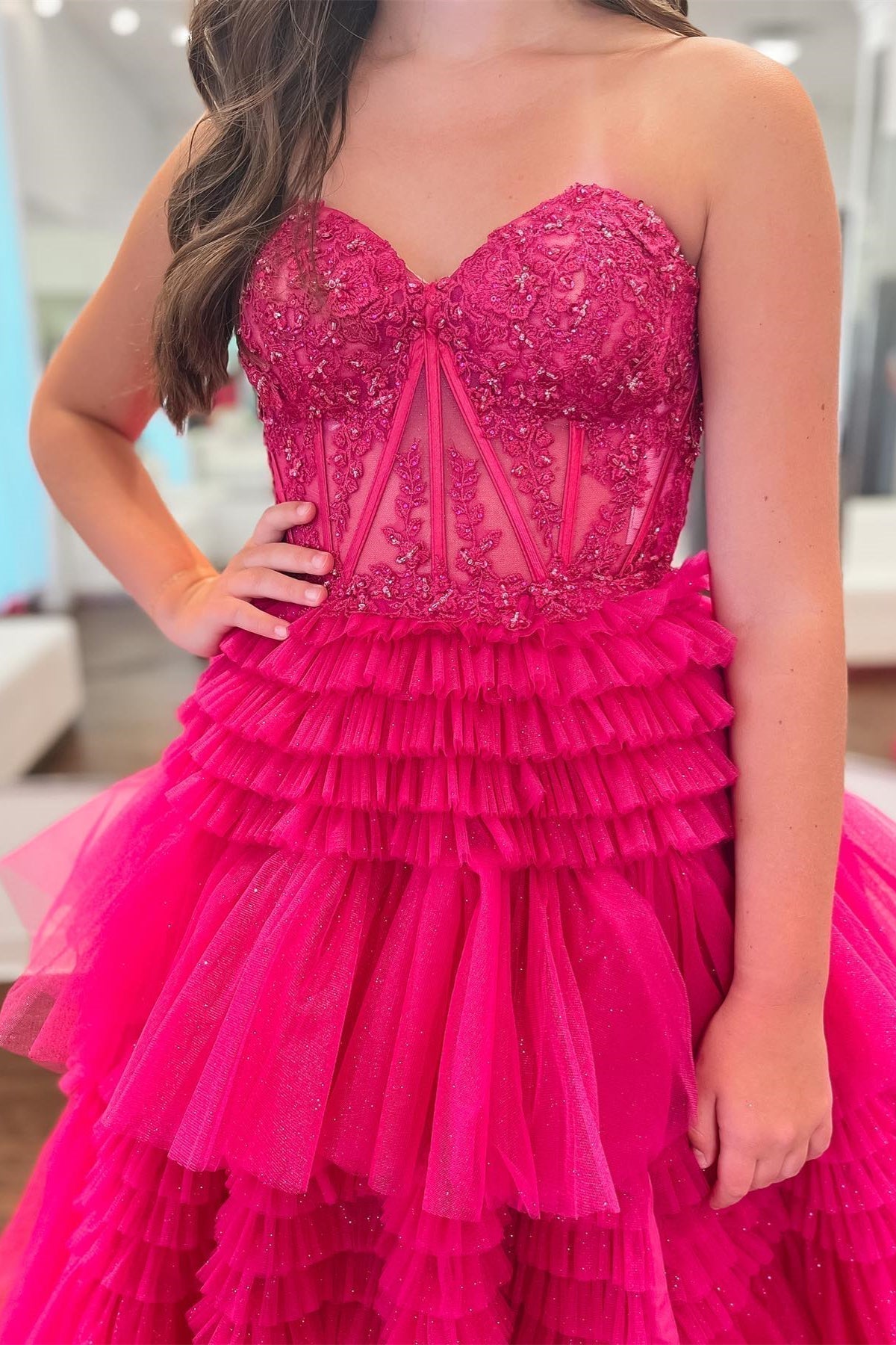 Fuchsia A-Line Sweetheart Tiered Tulle Prom Dress - View 4 | VelvetHem