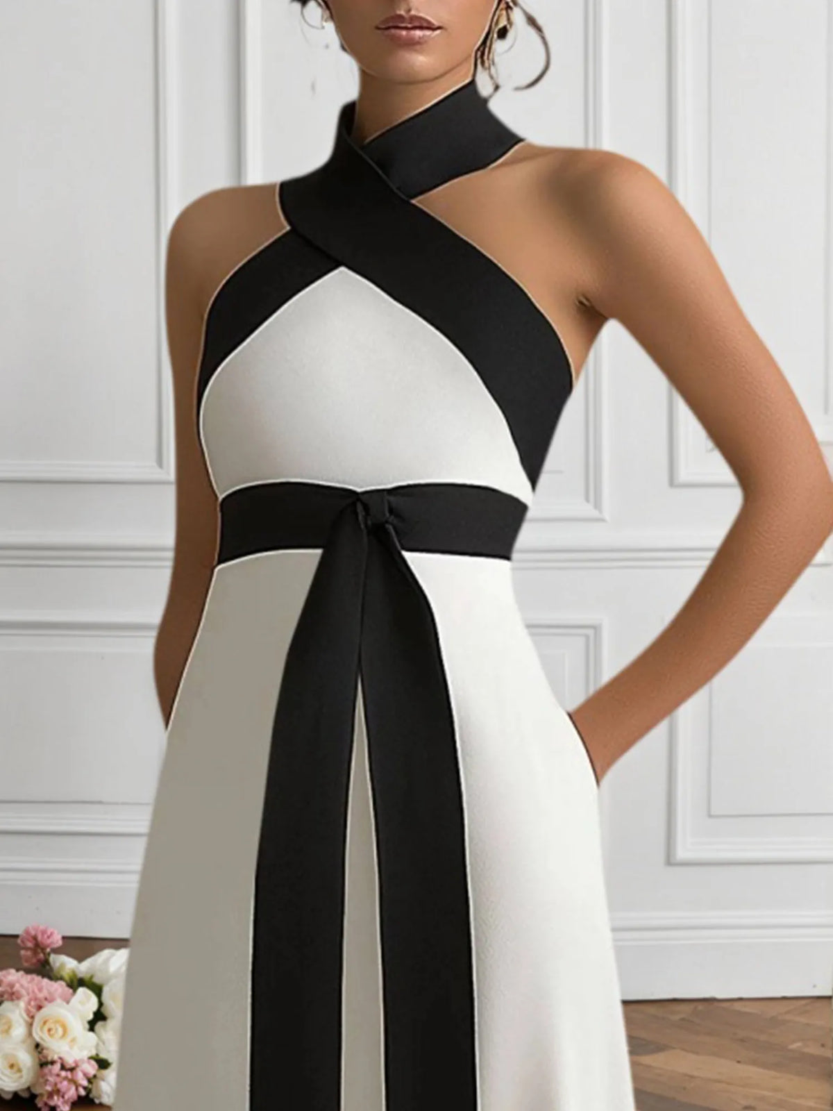 Formal Black and White Halter Cross-Neck Maxi Dress - View 3 | FashionDia