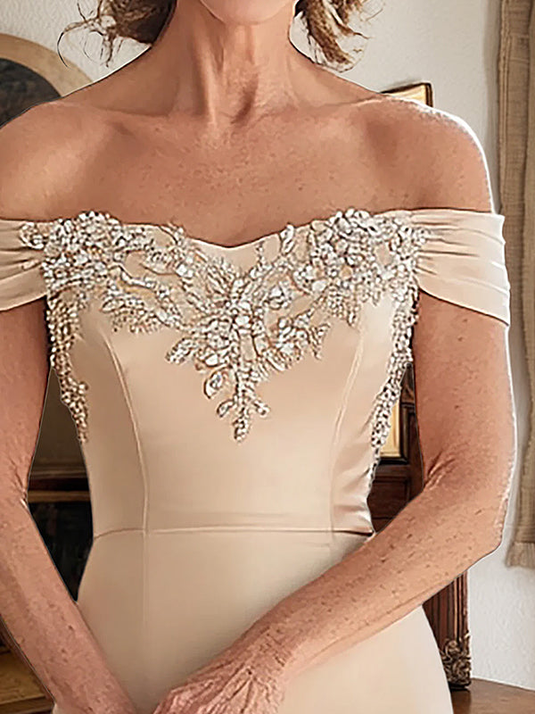 Elegant Champagne Mermaid Off-the-Shoulder Mother of the Bride Dress with Lace - View 2 | FashionDia