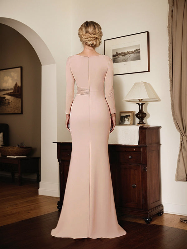 Elegant Blush Satin Sheath Mother of the Bride Dress with Long Sleeves - View 2 | FashionDia